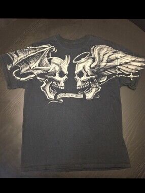 Liquid Blue Black Tee | Angel & Devil Heaven or Hell Graphic | Size M